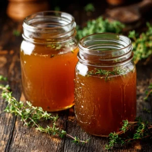 Slow Cooker Bone Broth: The Ultimate Guide to a Rich, Gelatinous Elixir 4 Two rustic mason jars filled with golden, homemade crock pot bone broth, highlighting its beautiful clear color.