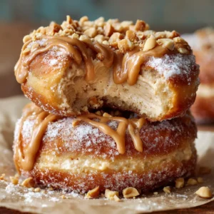 A close-up shot of two fluffy, golden-brown donuts cooling on a wire rack before being filled with peanut butter cheesecake.