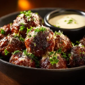 Garlic Butter Meatballs (The Only Recipe You'll Ever Need) 3 A detailed close-up of several homemade garlic butter meatballs, showing their juicy texture and the rich butter sauce.