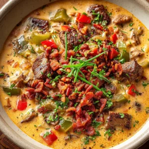 An overhead shot of a bowl of homemade Philly Cheesesteak Soup filled with tender steak and peppers.