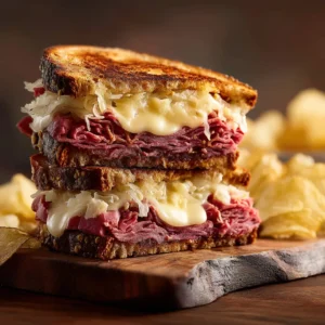 A homemade Reuben sandwich on a plate, with golden-brown grilled rye bread and melted cheese peeking out the sides.
