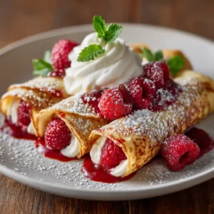 Raspberry Vanilla Cream Crepes: An Irresistibly Elegant Treat 4 Three golden-brown sweet crepes filled with vanilla cream, rolled and arranged neatly on a serving platter before being sauced.