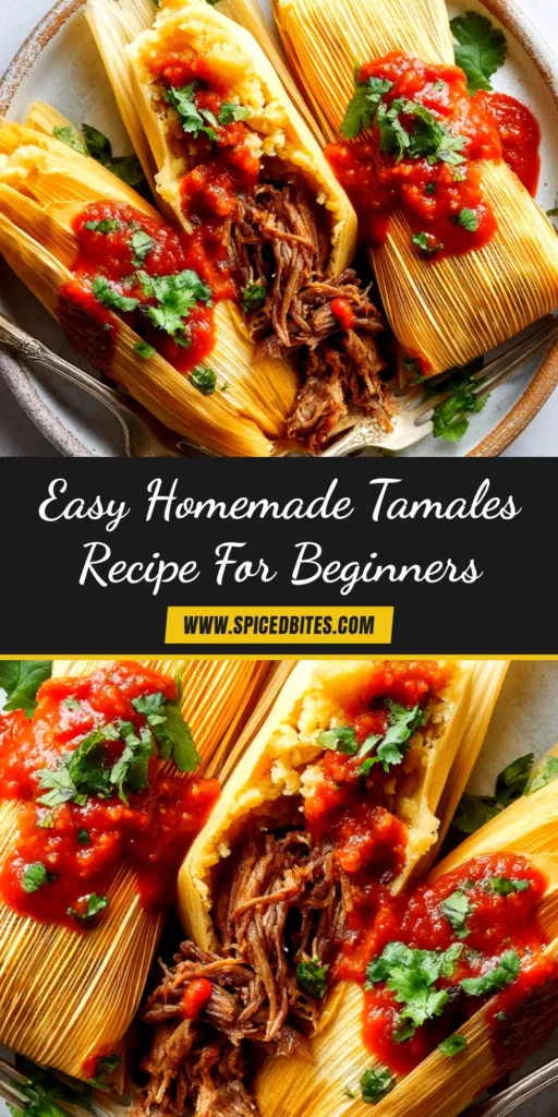 Homemade Tamales Recipe: A Foolproof Step-by-Step Guide 4 A detailed pin image for a homemade tamales recipe, showing freshly steamed tamales on a plate alongside a bowl of red chile pork filling.
