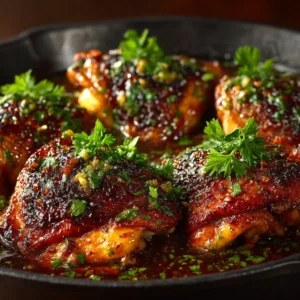 An extreme close-up of a juicy honey garlic chicken thigh, showing the thick, bubbling glaze and crispy skin in detail.