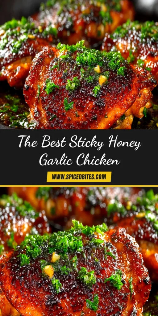 A top-down view of sticky honey garlic chicken thighs in a cast-iron skillet, garnished with sesame seeds and fresh parsley. The perfect easy weeknight dinner recipe.