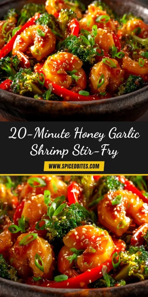 A top-down view of a delicious Honey Garlic Shrimp Stir-Fry in a white bowl, garnished with sesame seeds and green onions, ready to be served.