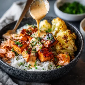 Sriracha Honey Salmon Bowls: The Perfect 20-Minute Weeknight Meal 4 A close-up of a flaky, glazed honey sriracha salmon fillet in a bowl, showing the sticky, delicious texture of the sauce.