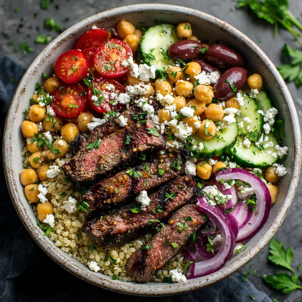 Mediterranean Steak Bowls with Lemon Herb Vinaigrette 1 Assembling the Mediterranean steak bowls, with all ingredients like quinoa, steak, feta, and olives beautifully arranged before mixing.