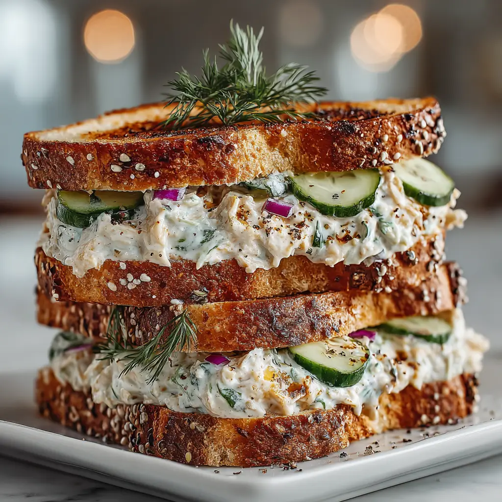 The process of assembling the crunchy tuna salad sandwich on toasted sourdough bread with fresh lettuce.