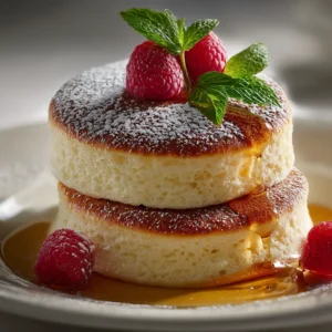 A close-up shot of two golden-brown soufflé pancakes stacked on a white plate, ready to be served. The image emphasizes their tall, airy structure.