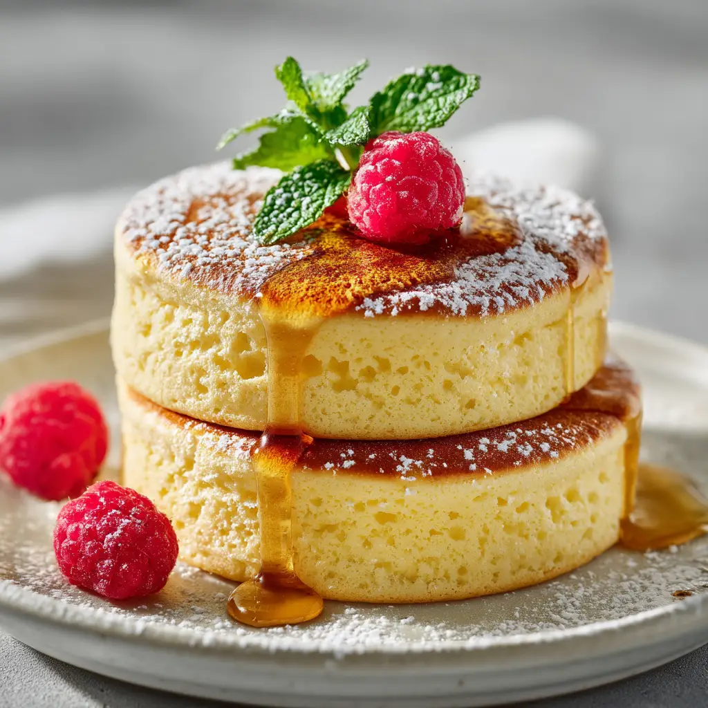 A jiggly pancake being gently pressed with a fork to show its soft, cloud-like texture. This highlights the unique quality of the Japanese pancake recipe.
