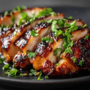 An extreme close-up shot of thick-sliced, juicy baked boneless chicken thighs. The texture of the tender chicken meat is clearly visible, highlighting the results of this oven-baked recipe.