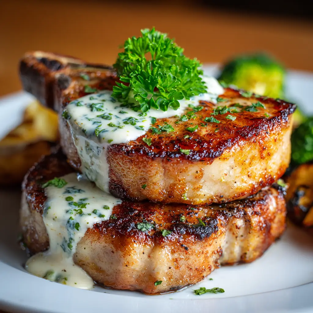 Ranch Pork Chops (Easy, Juicy, and Delicious!) 1 Two juicy pork chops seasoned with ranch mix, resting on a wooden board after being cooked to perfection.