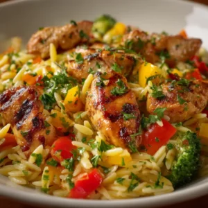 A close-up bowl of lemon chicken orzo, showing the individual grains of pasta coated in a delicious lemon garlic sauce with chunks of chicken.