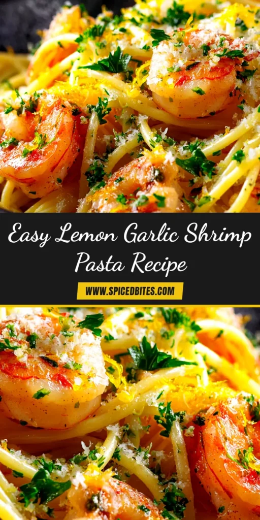 Lemon Garlic Parmesan Shrimp Pasta (Easy 20-Minute Recipe) 3 An overhead shot of Lemon Garlic Parmesan Shrimp Pasta in a white bowl, garnished with fresh parsley and a lemon wedge on the side.