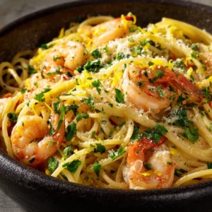Lemon Garlic Parmesan Shrimp Pasta (Easy 20-Minute Recipe) 4 A close-up shot of the ingredients for lemon garlic shrimp pasta, including raw shrimp, linguine, a lemon, garlic cloves, and Parmesan cheese.