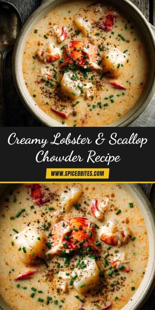 Lobster Scallop Chowder: The Ultimate Creamy Recipe 3 A beautiful bowl of creamy lobster scallop chowder, topped with perfectly seared scallops, fresh parsley, and a side of crusty bread.