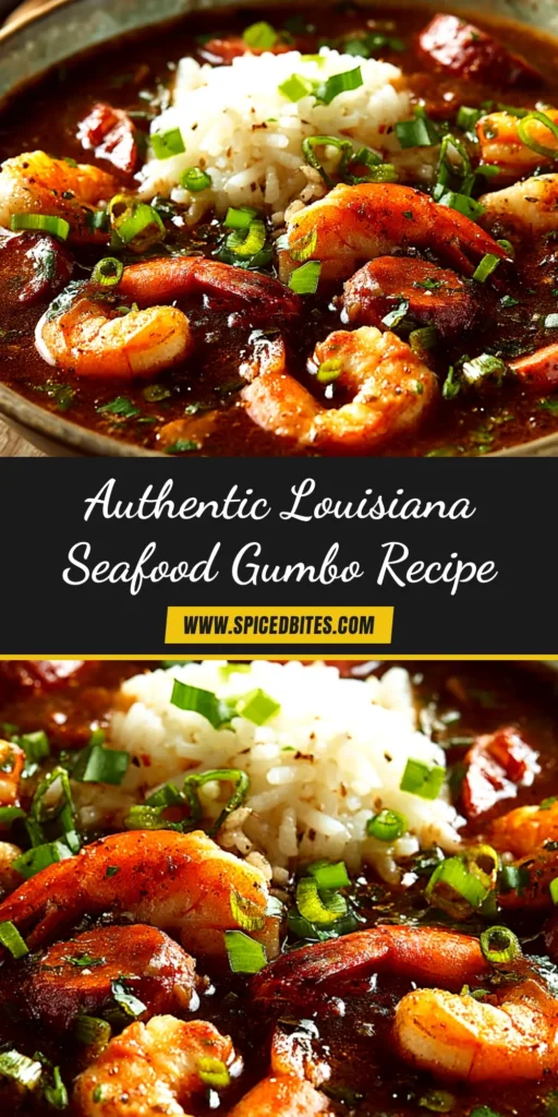 A large pin image of a bowl of authentic Louisiana Seafood Gumbo, packed with shrimp and sausage, served over rice.