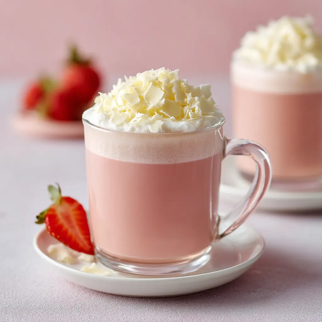 Strawberry Hot Chocolate: A Creamy, Dreamy Valentine's Treat 1 Pouring creamy homemade strawberry hot chocolate into a white mug, with steam rising from the warm drink.