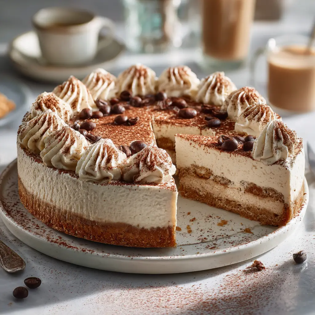 Pouring the smooth, rich cheesecake batter over the ladyfinger crust, a key step in making this homemade tiramisu cheesecake.