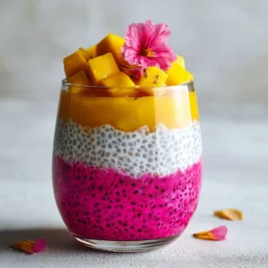 Mango Dragon Fruit Chia Pudding (Easy & Vibrant Recipe) 3 A close-up shot of the vibrant layers in the dragon fruit chia seed pudding, showing the creamy texture and fresh fruit.