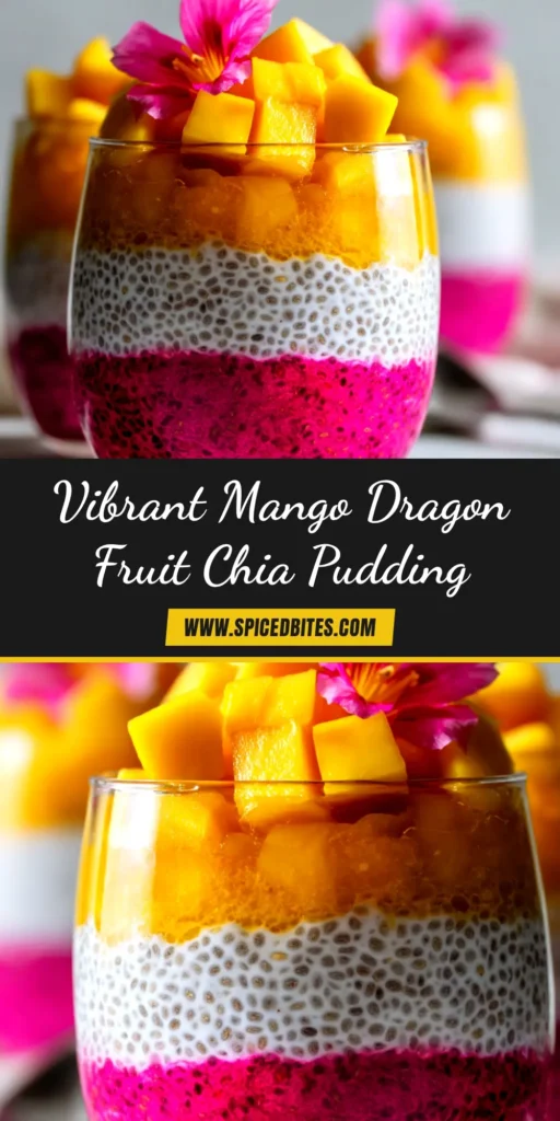 Mango Dragon Fruit Chia Pudding (Easy & Vibrant Recipe) 4 A layered Mango Dragon Fruit Chia Pudding in a clear glass, topped with fresh fruit. The vibrant pink and yellow layers are distinct and appealing.