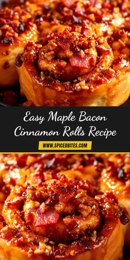 Maple Bacon Cinnamon Rolls: The Ultimate Sweet & Savory Treat 3 A close-up shot of decadent Maple Bacon Cinnamon Rolls, drizzled with maple cream cheese frosting and topped with crispy candied bacon pieces, ready to be served.