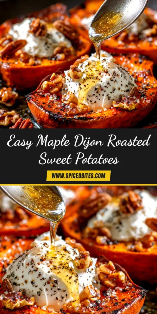 A top-down view of a baking sheet filled with perfectly caramelized Maple Dijon Roasted Sweet Potatoes, garnished with fresh herbs.