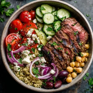 Mediterranean Steak Bowls with Lemon Herb Vinaigrette 4 A close-up view of a Mediterranean beef bowl, showcasing the tender slices of grilled steak next to fresh cucumber and tomato salad.
