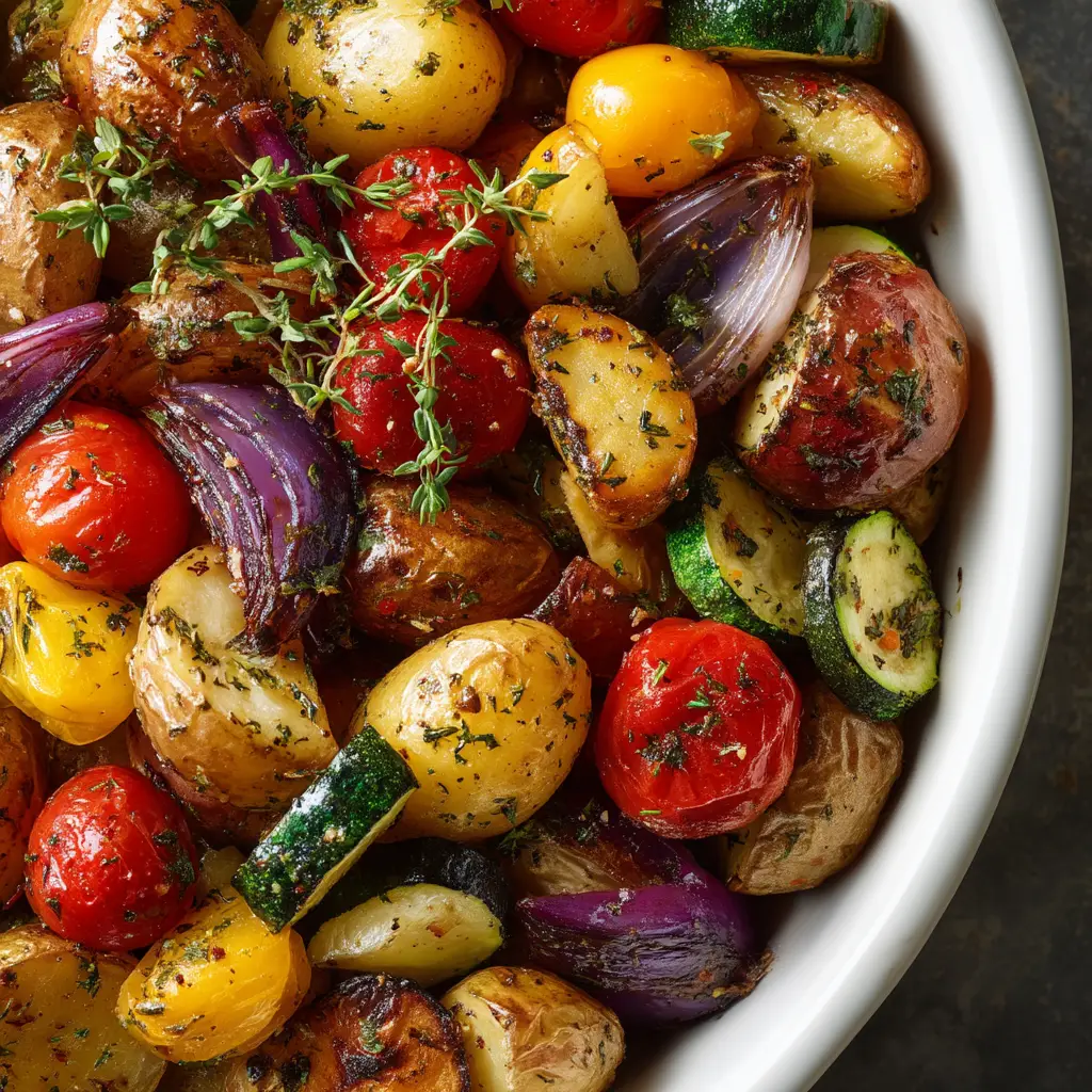 A serving of Mediterranean roasted vegetables on a plate, ready to be eaten. The dish includes zucchini, tomatoes, and red onion.