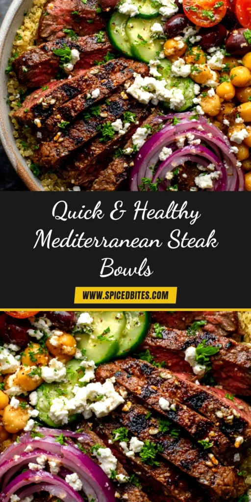 Mediterranean Steak Bowls with Lemon Herb Vinaigrette 3 An overhead shot of vibrant Mediterranean Steak Bowls, featuring juicy sliced steak, quinoa, fresh tomatoes, cucumbers, and feta cheese, drizzled with a lemon vinaigrette.