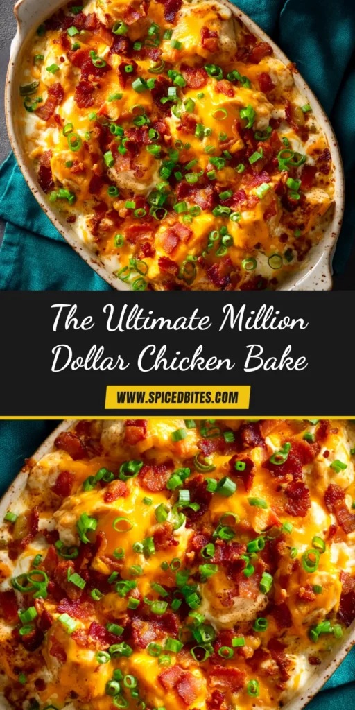 Million Dollar Chicken Bake: The Ultimate Cheesy Casserole 3 A close-up overhead shot of a golden-brown Million Dollar Chicken Bake in a white casserole dish, garnished with fresh green onions.