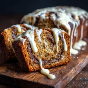 Cinnamon Roll Banana Bread (The Only Recipe You'll Ever Need) 4 A stunning loaf of moist banana bread with a visible cinnamon swirl, shown before the glaze is applied, sitting on a wooden cutting board.