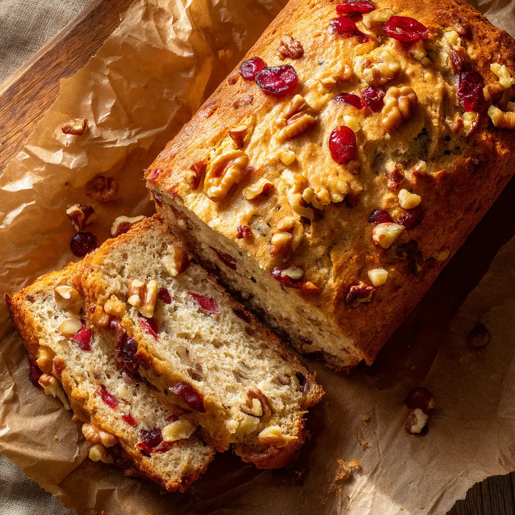 Cranberry Walnut Bread (The Best, Easiest Recipe) 1 A close-up view of sliced cranberry walnut bread, showing the moist crumb and the distribution of fruit and nuts inside.