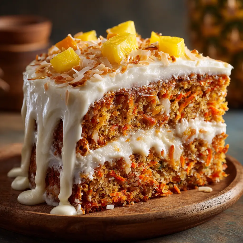 Hawaiian Carrot Pineapple Cake (The BEST Recipe!) 1 A fork cutting into a slice of carrot cake with coconut and pineapple, emphasizing its soft texture.