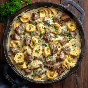 Garlic Steak Tortellini: A 30-Minute Restaurant-Quality Meal 4 A rustic black cast iron skillet filled with creamy steak and tortellini pasta, garnished with fresh herbs and Parmesan cheese, ready to be served.