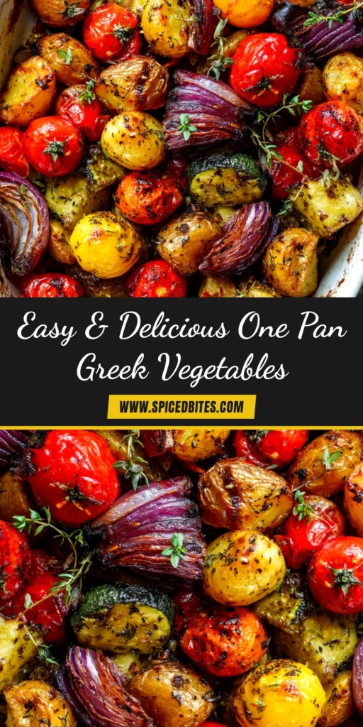 A colorful pan of One Pan Greek Vegetables, fresh from the oven, with roasted zucchini, peppers, tomatoes, and topped with feta cheese and olives.