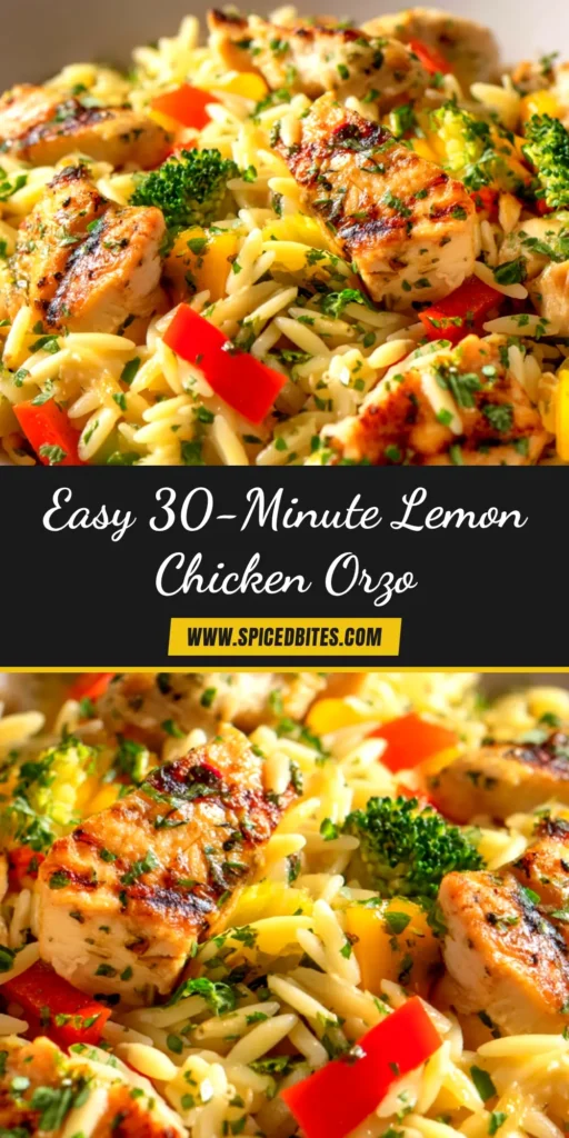 A skillet filled with creamy one-pan lemon chicken orzo, garnished with fresh parsley and a lemon slice. The perfect easy weeknight dinner idea.