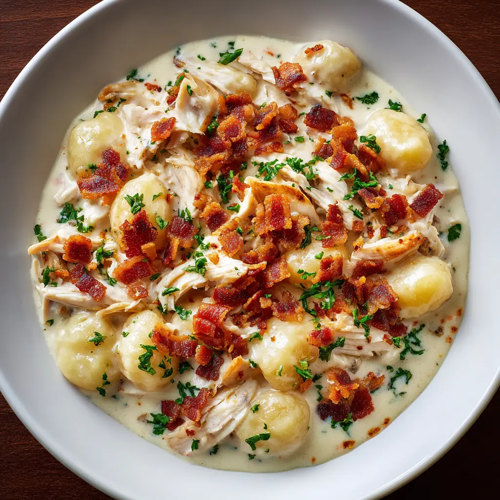 A serving of the crockpot gnocchi being scooped from a bowl, emphasizing the cheesy, tender chicken and pillowy gnocchi.