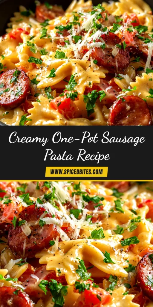 One Pot Smoked Sausage Pasta (Creamy & Delicious!) 4 A delicious bowl of one pot smoked sausage pasta, with creamy tomato sauce, penne, and fresh parsley garnish. A perfect easy weeknight dinner idea.