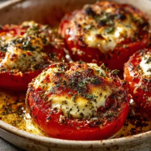 An extreme close-up of a vibrant red baked stuffed tomato, highlighting the crispy golden breadcrumb and cheese topping.