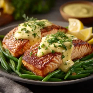 Salmon with Mustard Cream Sauce (Restaurant-Quality at Home) 4 Two pan-seared salmon fillets served on white plates, generously topped with a creamy mustard sauce and garnished with fresh dill.