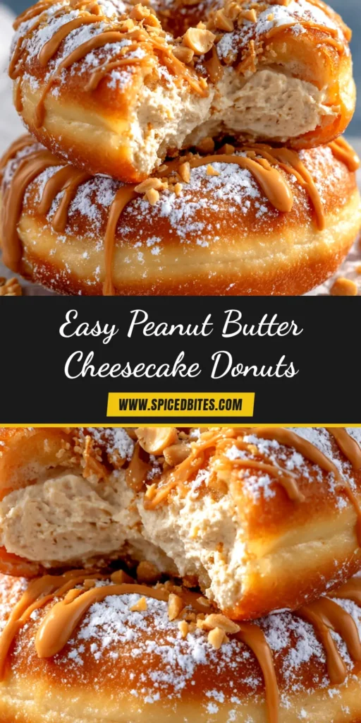 A tray of delicious homemade Peanut Butter Cheesecake Donuts, with a few cut in half to show the creamy filling inside, topped with a chocolate drizzle.