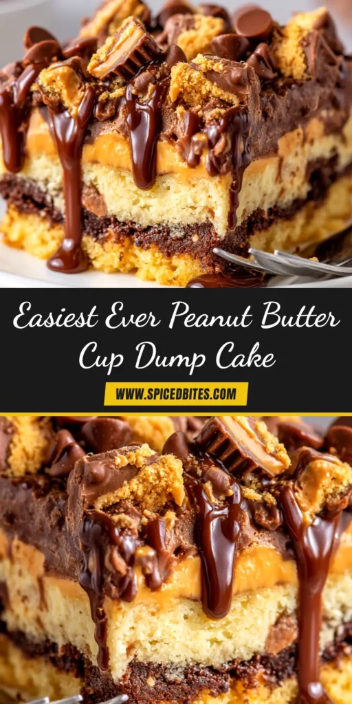 Peanut Butter Cup Dump Cake: The Easiest, Most Decadent Dessert 3 A warm, gooey slice of Peanut Butter Cup Dump Cake served on a white plate with a fork, showing the rich chocolate cake and melted peanut butter cups.