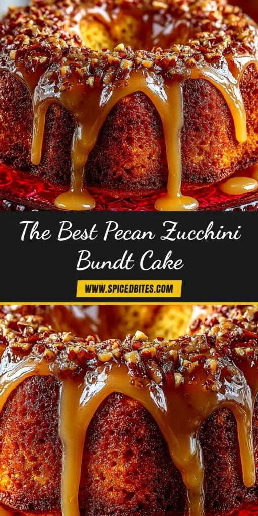 Pecan Zucchini Bundt Cake with Cream Cheese Glaze 3 A delicious slice of moist Pecan Zucchini Bundt Cake on a white plate. The cake is drizzled with cream cheese glaze and garnished with chopped pecans, showcasing its tender crumb.