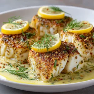 Baked Cod with Lemon-Dill Sauce: A 30-Minute Delight 4 Perfectly baked cod fillets on a parchment-lined baking sheet, topped with fresh lemon slices before being served.
