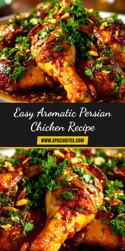 Persian Chicken Recipe (Joojeh Kabab) 3 A platter of golden grilled chicken skewers from an authentic Persian Chicken Recipe, garnished with fresh herbs and served with lemon wedges.
