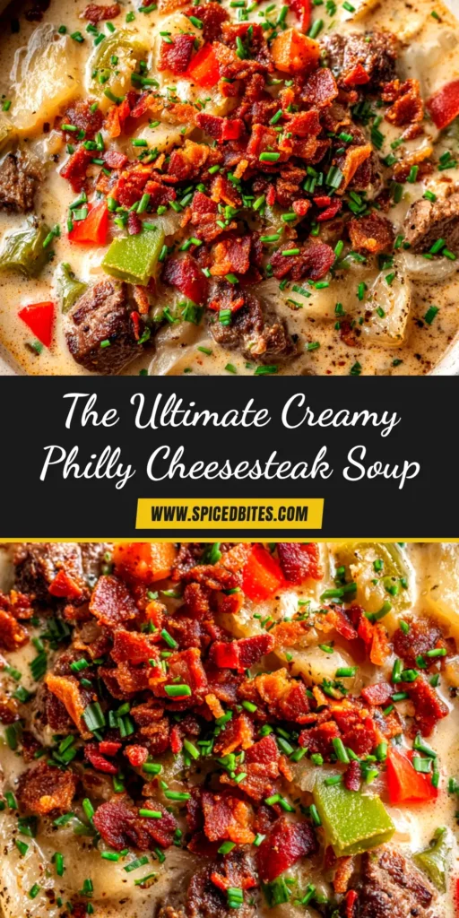 A bowl of creamy Philly Cheesesteak Soup topped with melted provolone cheese and croutons, ready to be eaten.