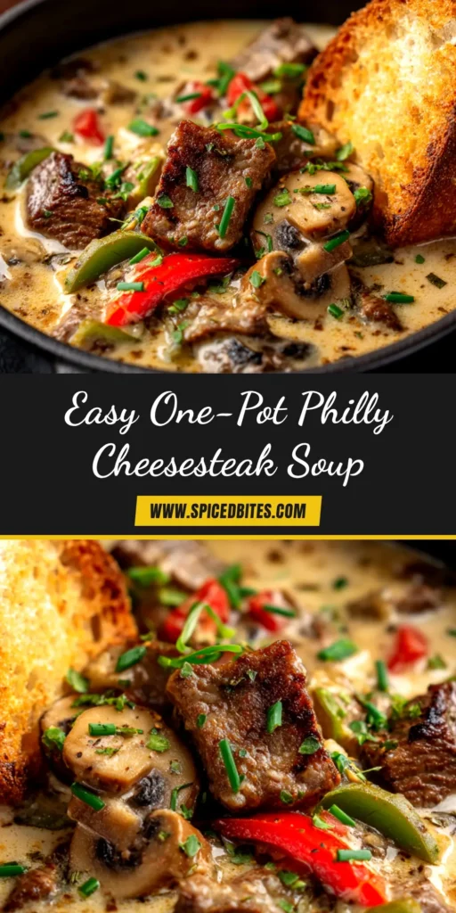 A bowl of creamy Philly cheesesteak soup recipe, topped with melted provolone cheese and filled with tender steak and peppers.