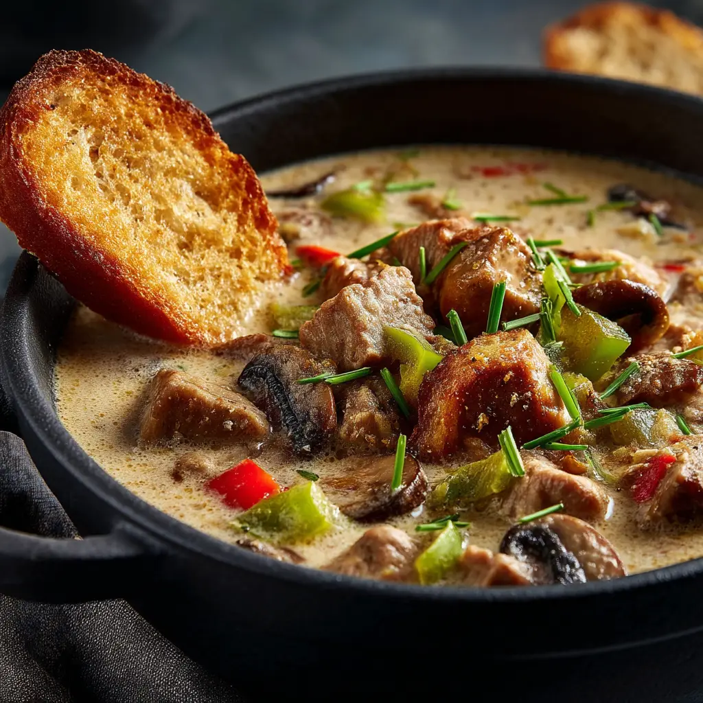 A spoonful of the finished Philly cheesesteak soup, highlighting the thinly sliced beef, peppers, and rich broth.